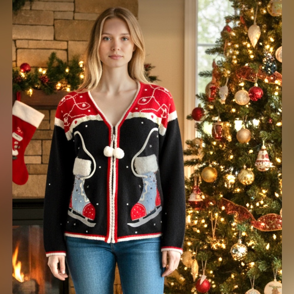 Jason Maxwell Black White Red Blue Ice Skates Ugly Christmas Sweater Zip Sz M
